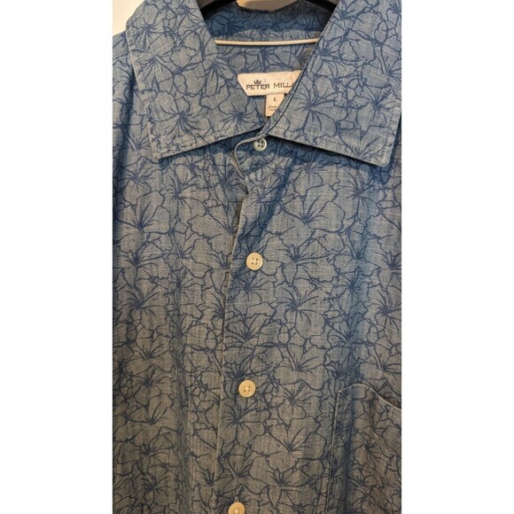 PETER MILLAR Blue Floral Print Shirt Men's LARGE Long Sleeve Hawaiian Button Up - Picture 3 of 9